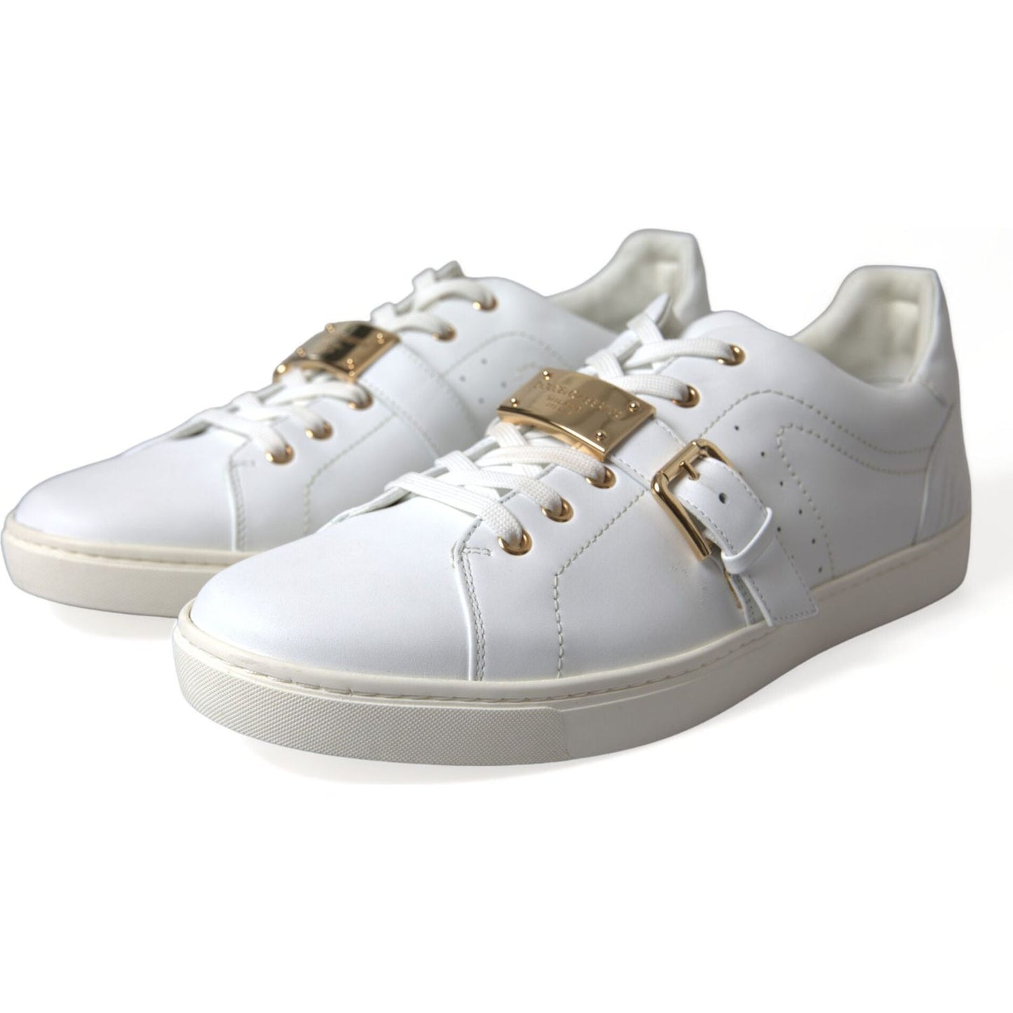 Dolce & Gabbana White Leather Gold Buckle Sneakers Shoes Dolce & Gabbana