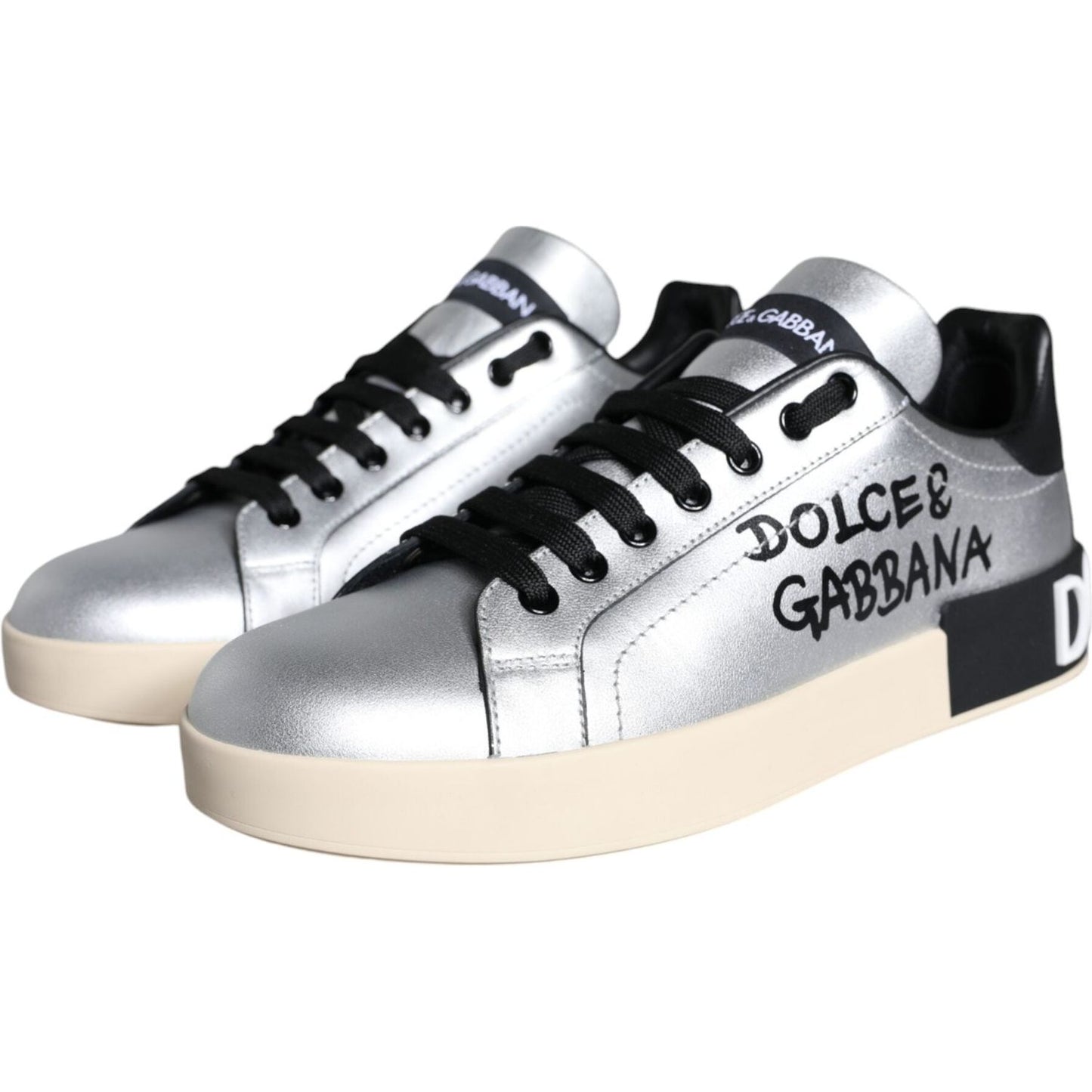 Dolce & Gabbana Silver Portofino Calf Leather Sneakers Shoes Dolce & Gabbana