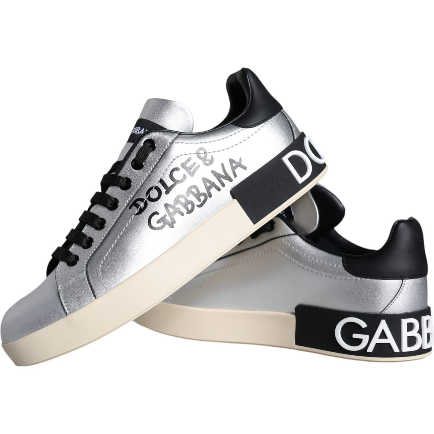 Dolce & Gabbana Silver Portofino Calf Leather Sneakers Shoes Dolce & Gabbana