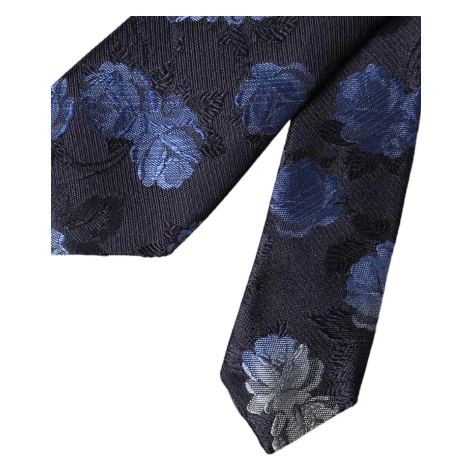 Dolce & Gabbana Dark Blue Floral Fantasy Silk Adjustable Men Tie Dolce & Gabbana