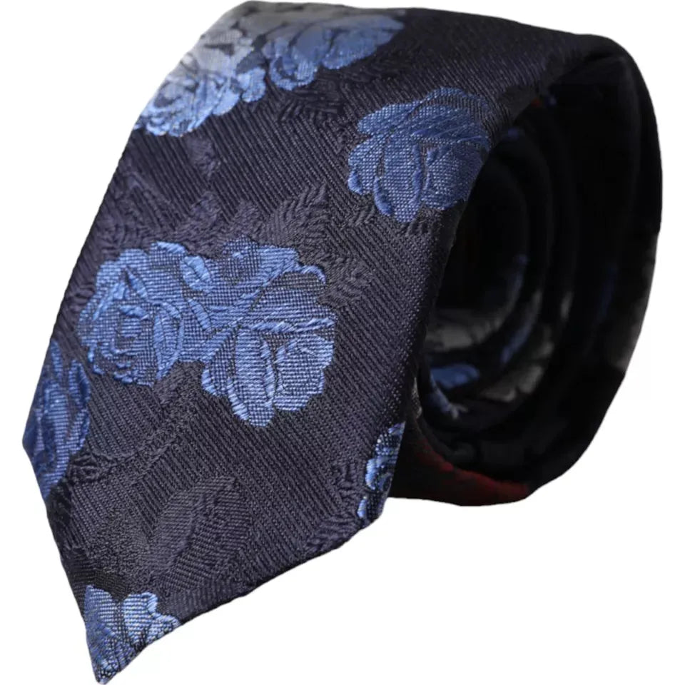 Dolce & Gabbana Dark Blue Floral Fantasy Silk Adjustable Men Tie Dolce & Gabbana