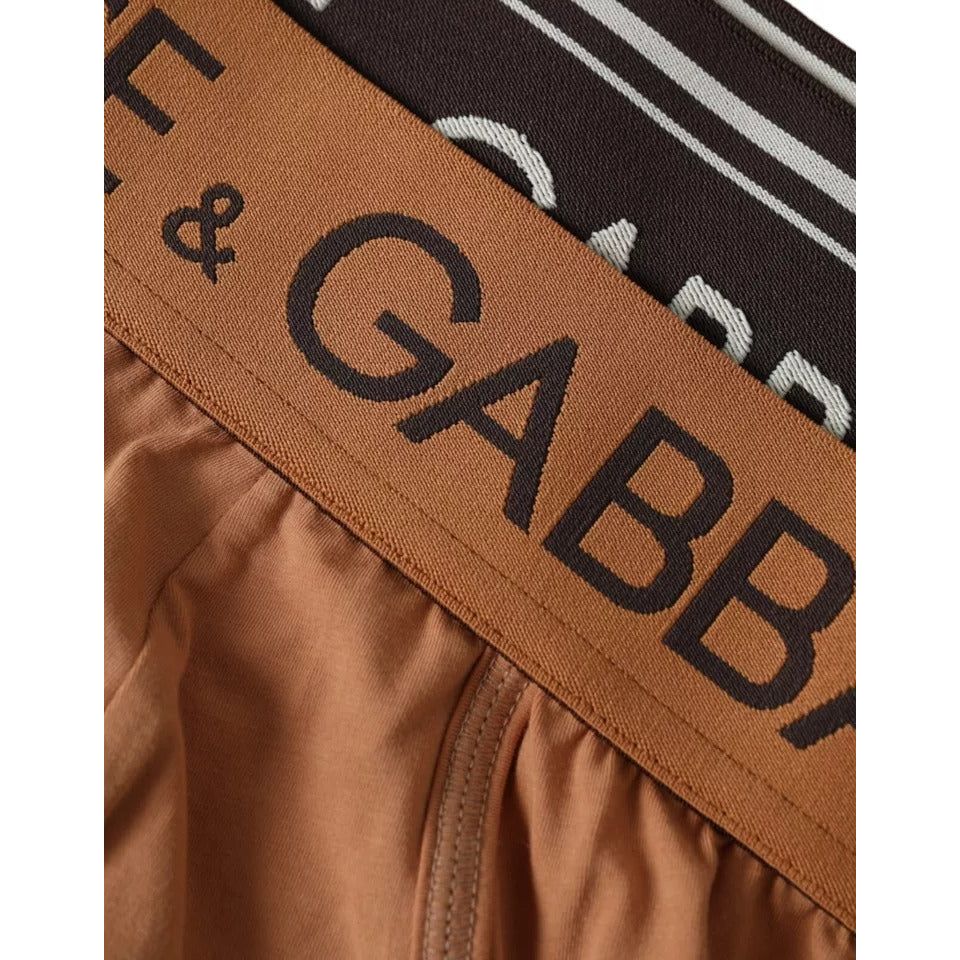 Dolce & Gabbana Brown Black Logo Cotton Stretch Mid Slip Underwear Dolce & Gabbana