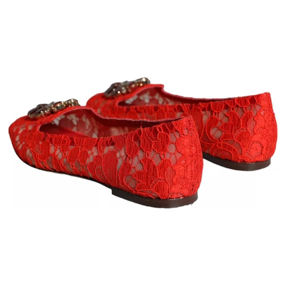 Dolce & Gabbana Red Lace Crystal Ballet Flats Loafers Shoes Dolce & Gabbana