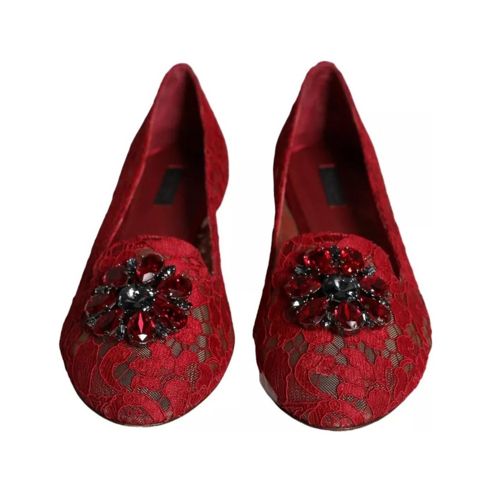 Dolce & Gabbana Red Lace Crystal Ballet Flats Loafers Shoes Dolce & Gabbana