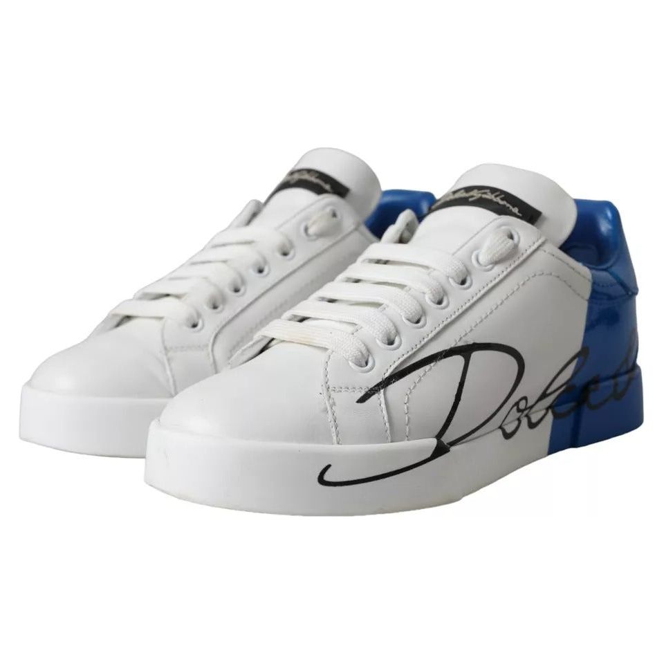 Dolce & Gabbana White Blue Portofino Low Top Leather Sneakers Shoes Dolce & Gabbana