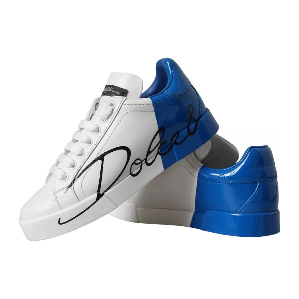 Dolce & Gabbana White Blue Portofino Low Top Leather Sneakers Shoes Dolce & Gabbana