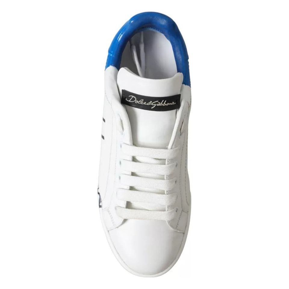 Dolce & Gabbana White Blue Portofino Low Top Leather Sneakers Shoes Dolce & Gabbana