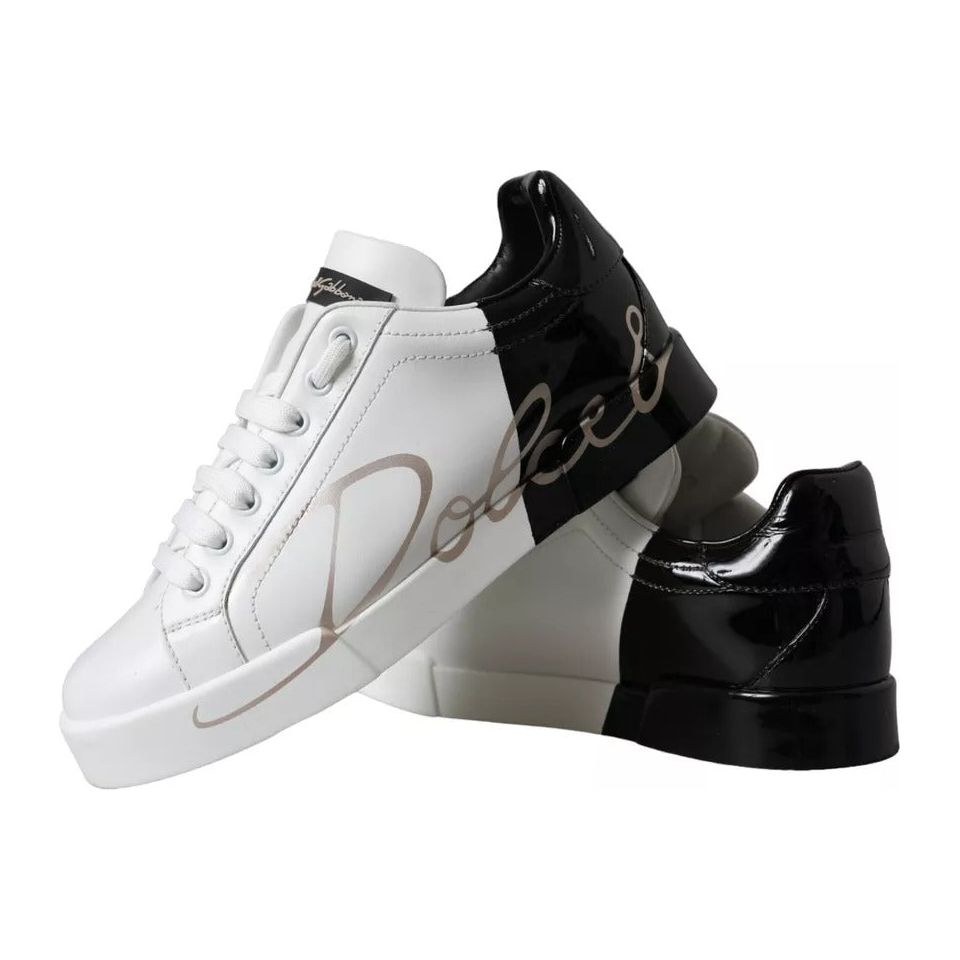 Dolce & Gabbana White Black Portofino Low Top Leather Sneakers Shoes Dolce & Gabbana