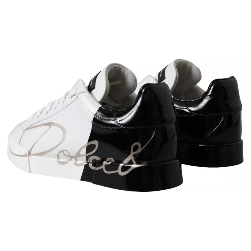 Dolce & Gabbana White Black Portofino Low Top Leather Sneakers Shoes Dolce & Gabbana