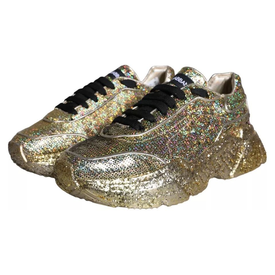 Dolce & Gabbana Gold Sequined Daymaster Low Top Sneakers Men Shoes Dolce & Gabbana