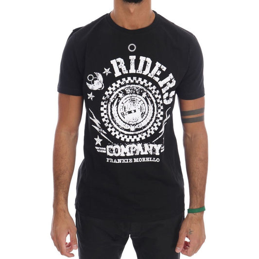 Frankie Morello Chic Black Crewneck Tee with 'RIDERS' Motif Frankie Morello