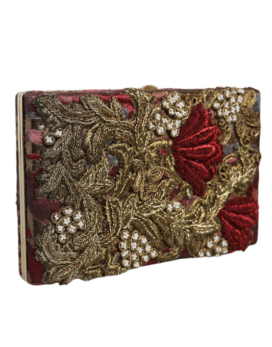 Dolce & Gabbana Maroon Gold Floral Jacquard Gold Frame Clutch Evening Purse Bag Dolce & Gabbana