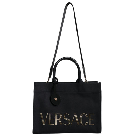 Versace Black Top Handle Canvas Leather Logo Crossbody Tote Bag Versace