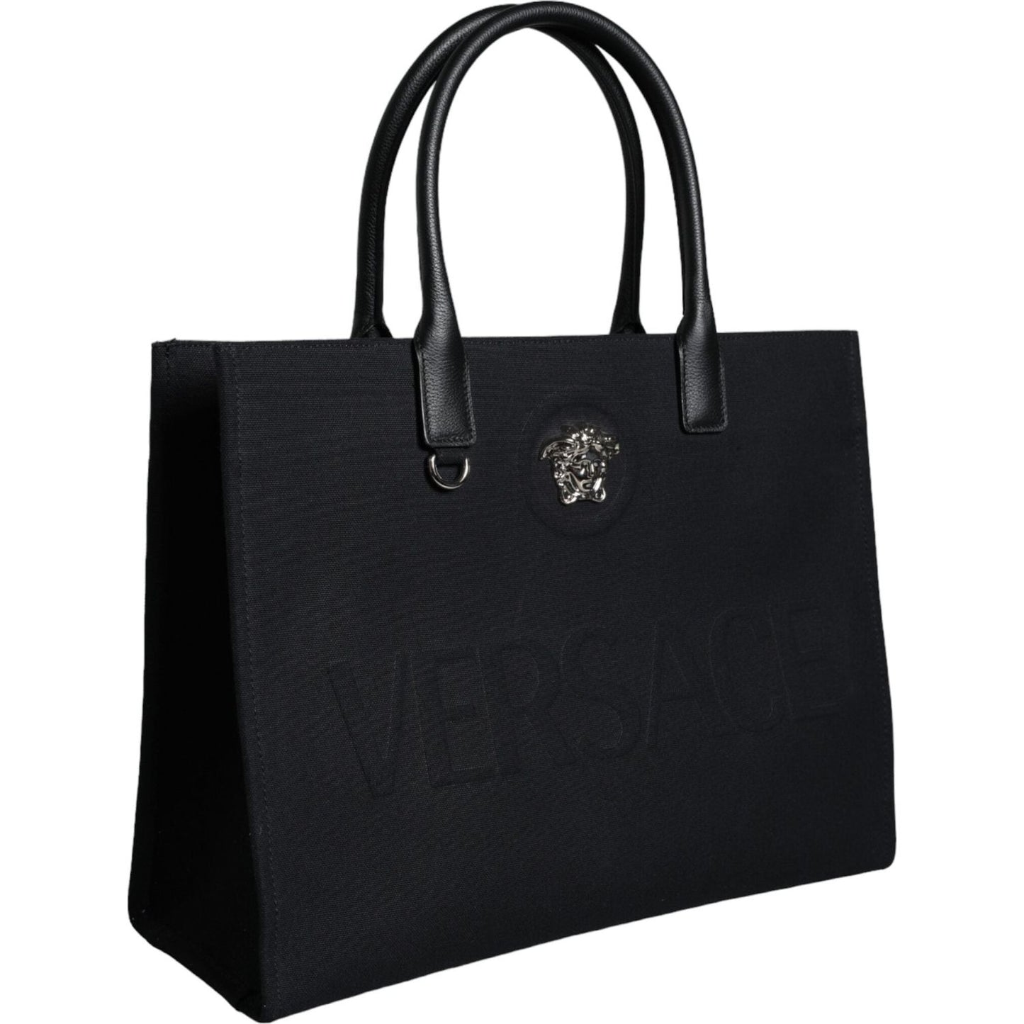 Versace Black Top Handle Canvas Leather Logo Shopping Tote Bag Versace