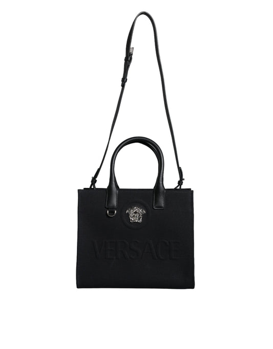 Versace Black Top Handle Canvas Leather Logo Crossbody Tote Bag Versace