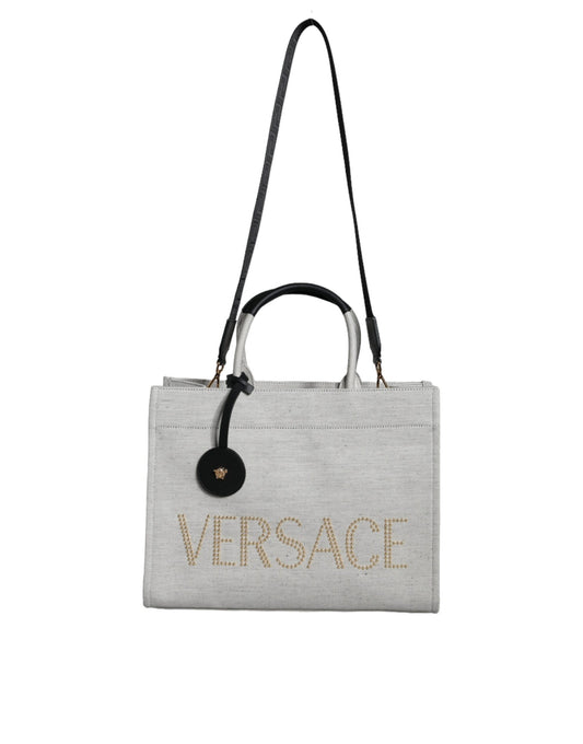 Versace White Top Handle Canvas Leather Logo Crossbody Tote Bag Versace