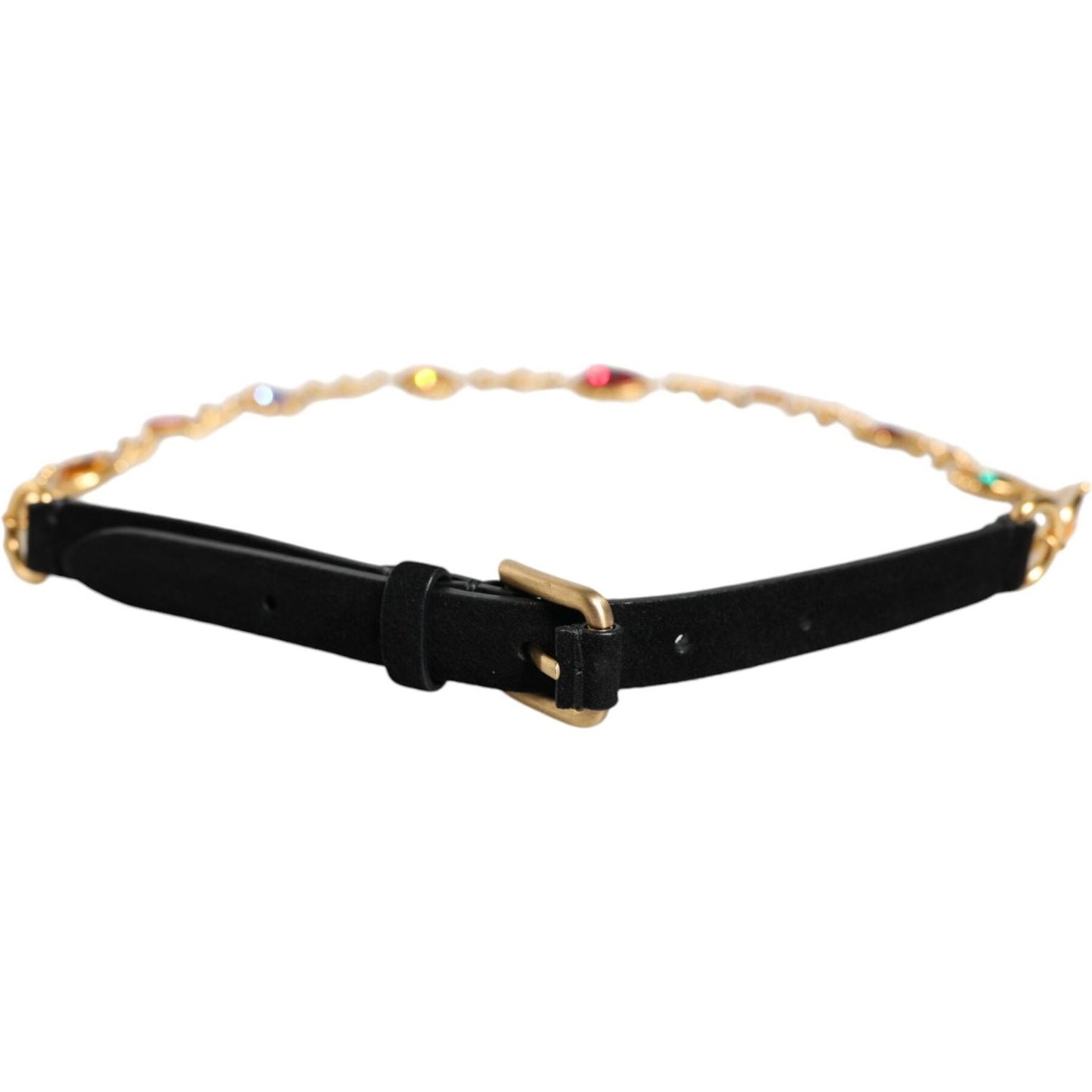 Dolce & Gabbana Black Leather Gold Brass Crystal Chain Waist Belt Dolce & Gabbana