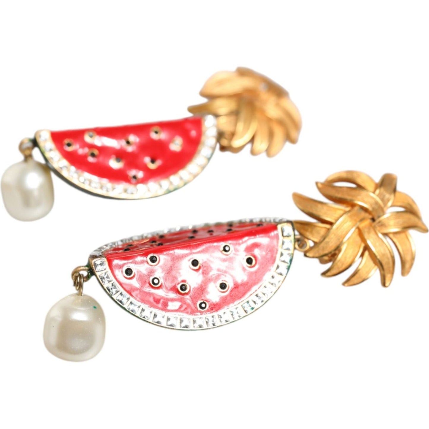 Dolce & Gabbana Red Watermelon Gold Brass Crystal Clip Dangling Earrings Dolce & Gabbana