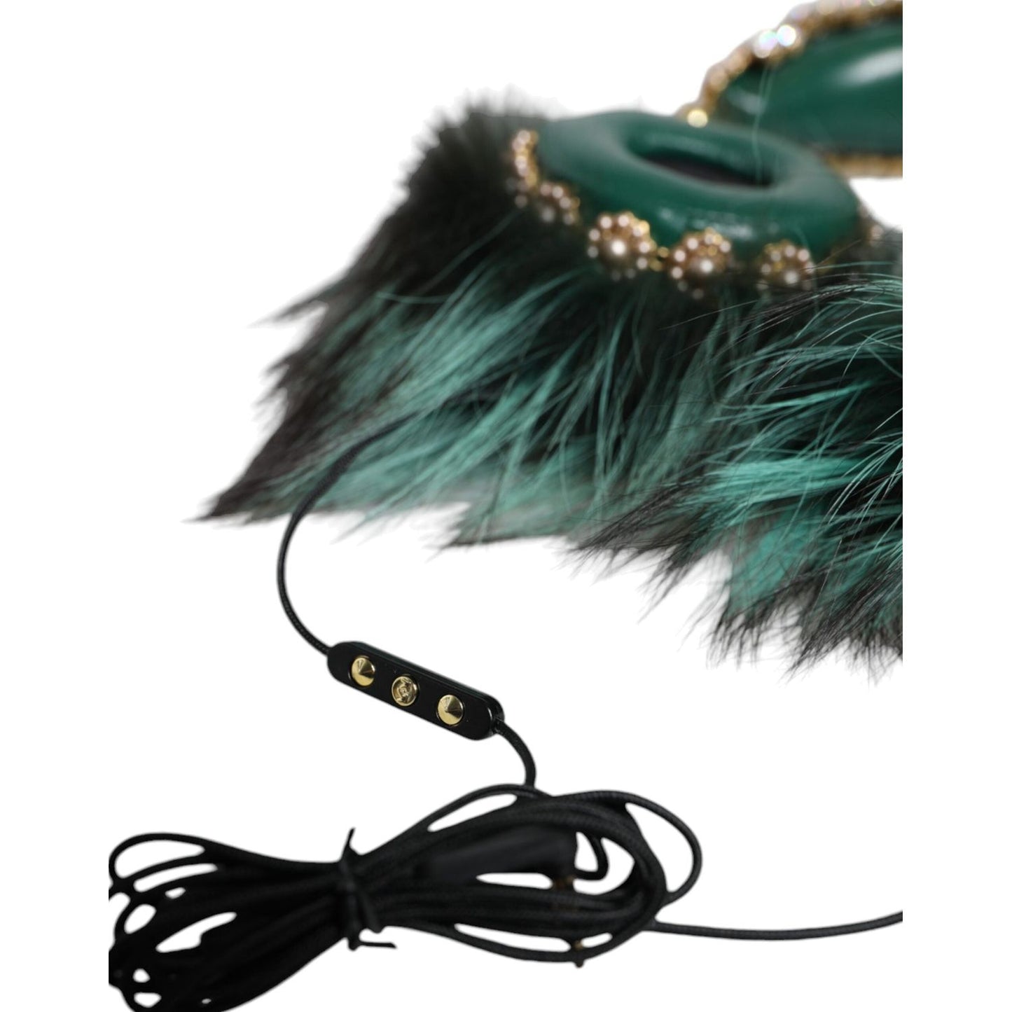 Dolce & Gabbana Green Gold Crystal Fur Headset Audio AUX Headphones Dolce & Gabbana