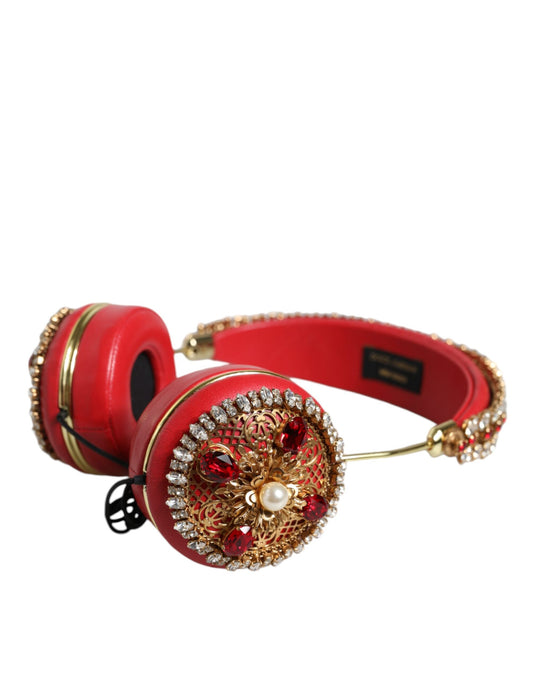 Dolce & Gabbana Red Nappa Leather Floral Crystal Headphone Dolce & Gabbana