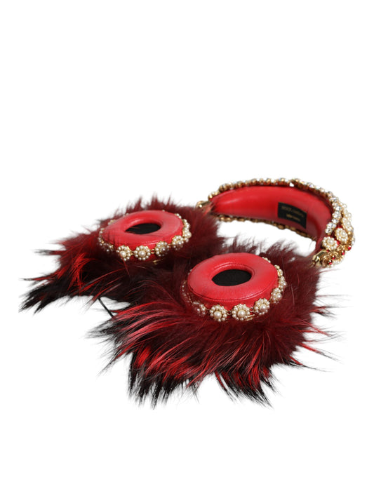 Dolce & Gabbana Red Gold Crystal Fur Headset Audio AUX Headphones Dolce & Gabbana