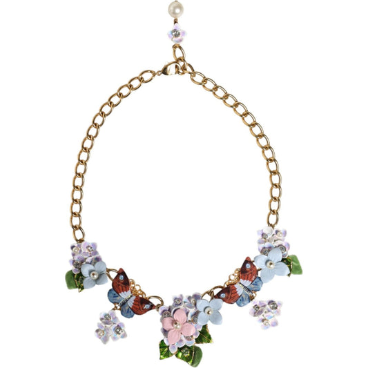 Dolce & Gabbana Multicolor Floral Decor Crystal Gold Brass Chain Necklace Dolce & Gabbana