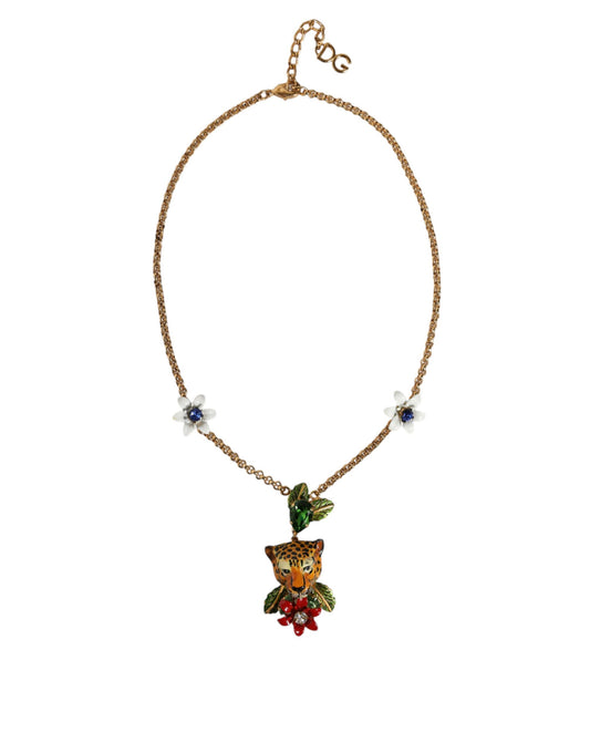 Dolce & Gabbana Gold Brass Leopard Flower Embellished Statement Necklace Necklace Dolce & Gabbana