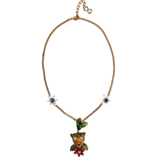 Dolce & Gabbana Gold Brass Leopard Flower Embellished Statement Necklace Dolce & Gabbana