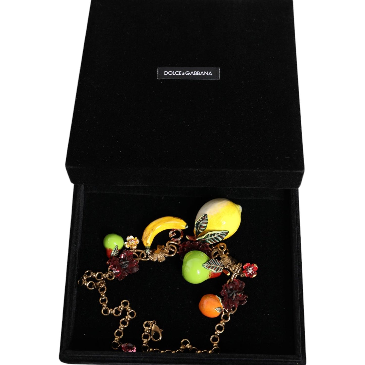 Dolce & Gabbana Gold Brass FRUIT Pendants Flowers Crystal Logo Necklace Dolce & Gabbana