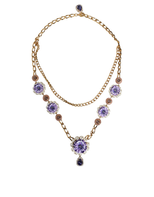 Dolce & Gabbana Gold Tone Floral Crystals Embellished Layered Necklace Necklace Dolce & Gabbana