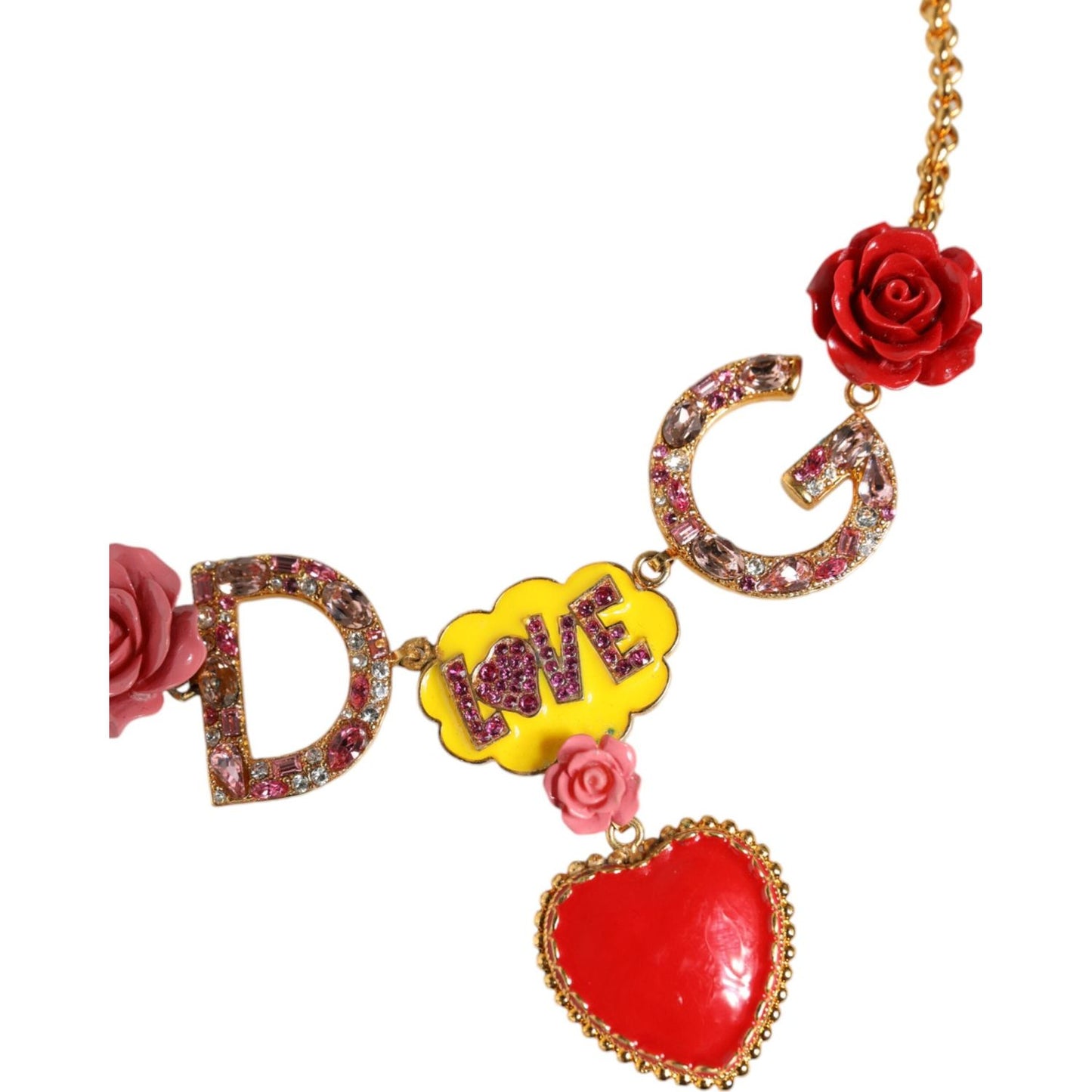 Dolce & Gabbana Gold Chain DG Logo Rose Love Crystal Charm Necklace Dolce & Gabbana