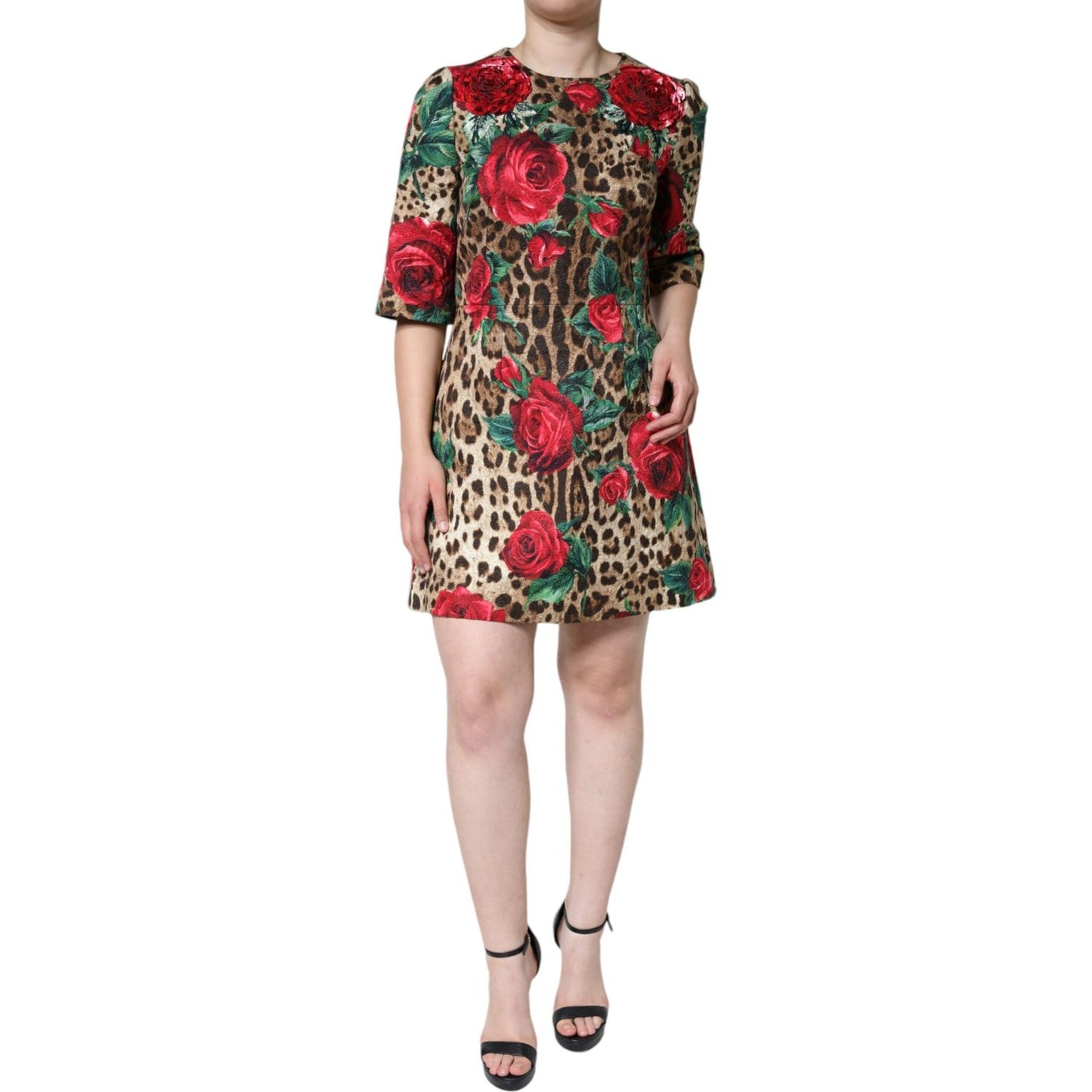 Dolce & Gabbana Brown Leopard Red Roses Cotton A-line Dress Dolce & Gabbana