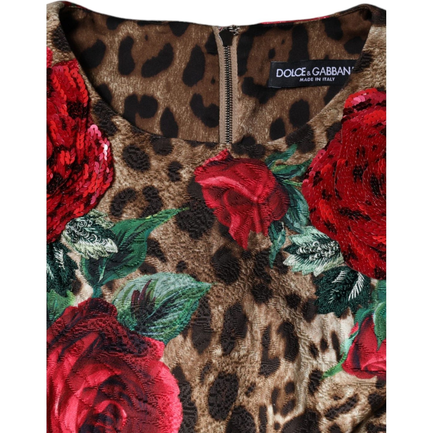 Dolce & Gabbana Brown Leopard Red Roses Cotton A-line Dress Dolce & Gabbana