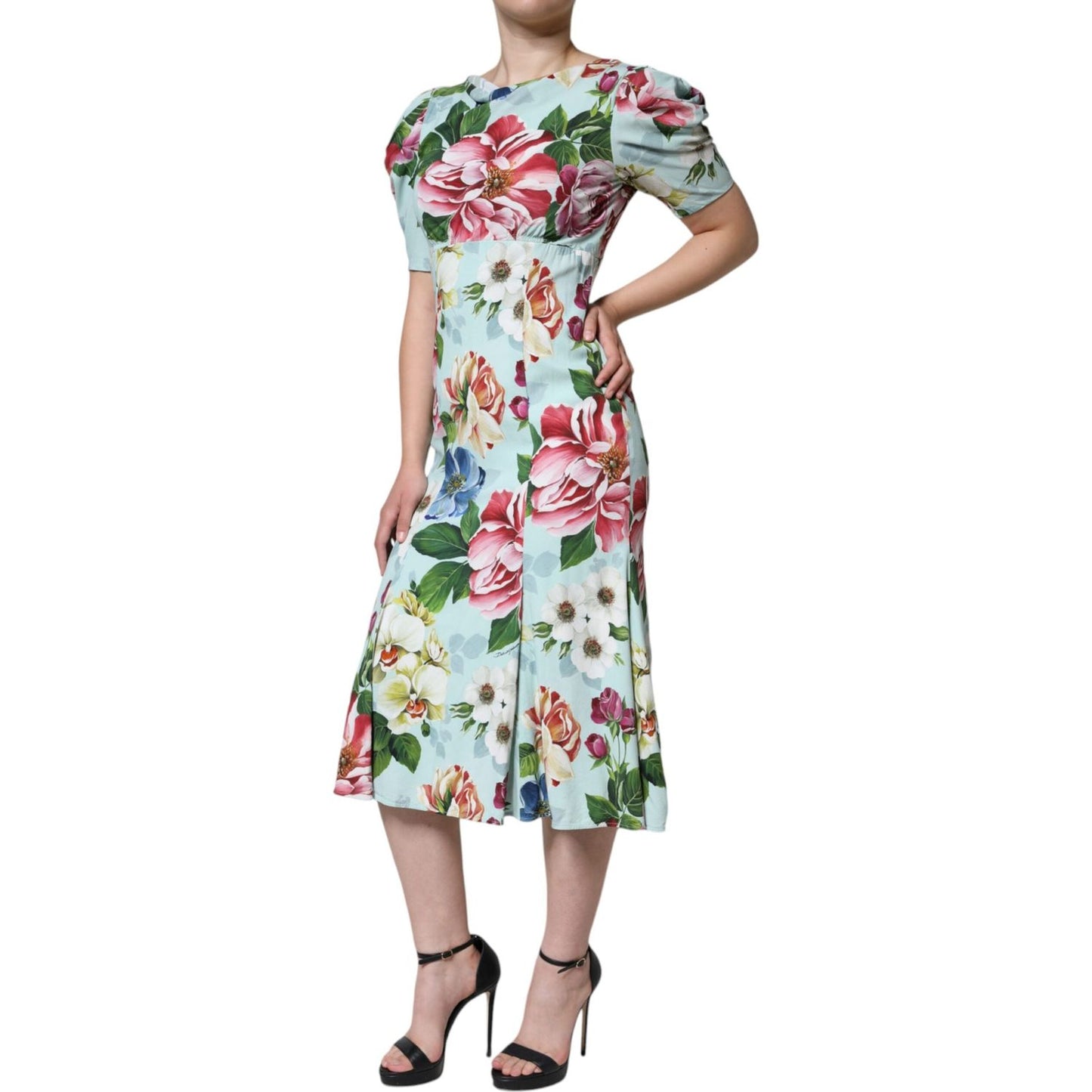 Dolce & Gabbana Green Floral Short Sleeves Round Neck Dress Dolce & Gabbana