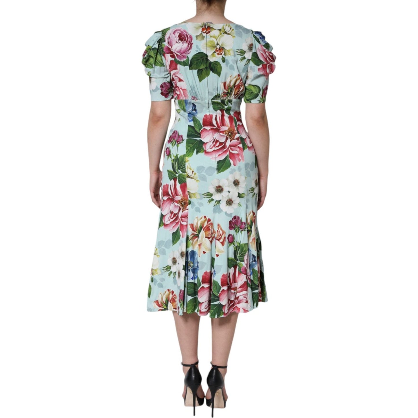 Dolce & Gabbana Green Floral Short Sleeves Round Neck Dress Dolce & Gabbana