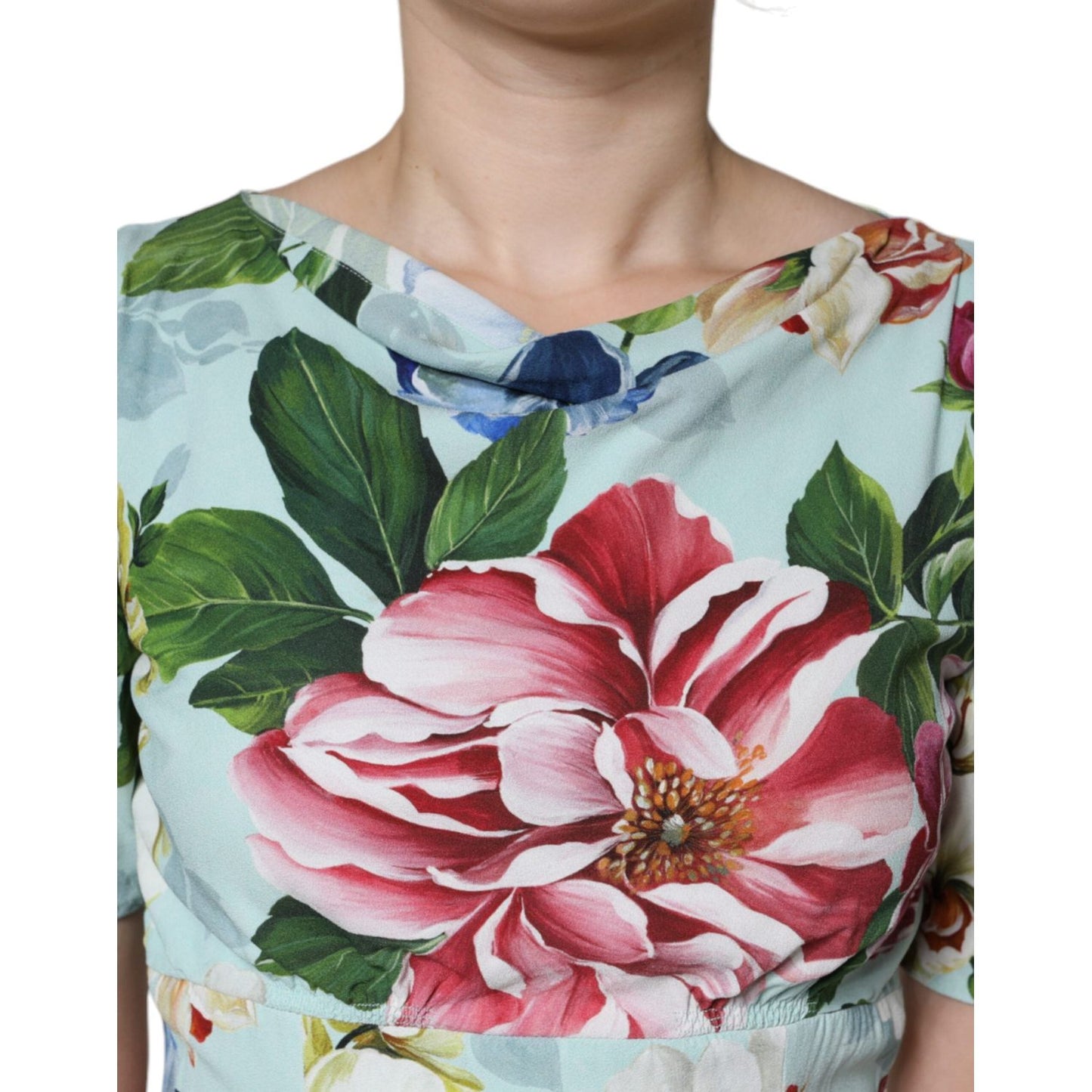 Dolce & Gabbana Green Floral Short Sleeves Round Neck Dress Dolce & Gabbana