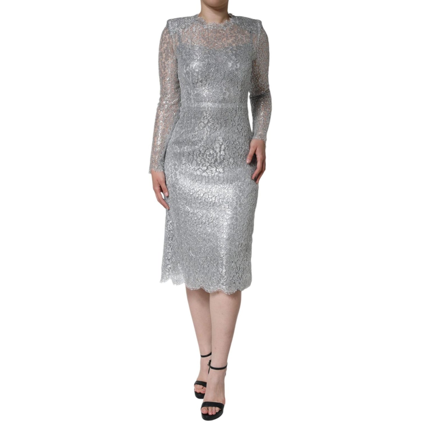 Dolce & Gabbana Silver Floral Lace Bodycon Sheath Midi Dress Dolce & Gabbana