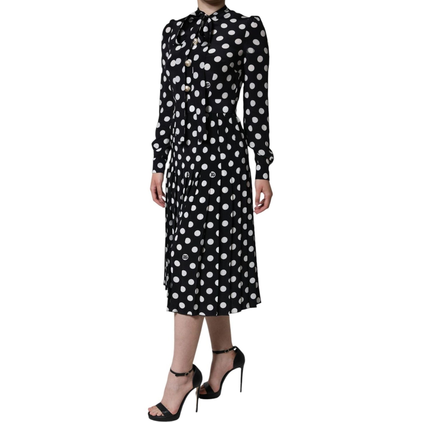 Dolce & Gabbana Black White Polka Dot Ascot Collar Midi Dress Dolce & Gabbana