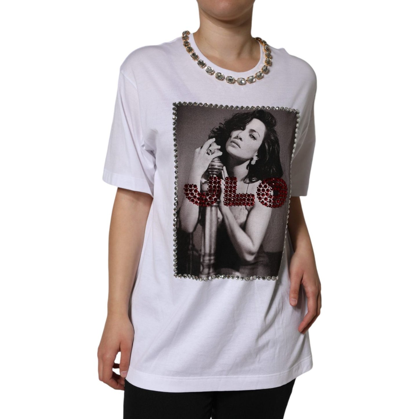 Dolce & Gabbana White Crystal Neckline Embellished Printed T-shirt Dolce & Gabbana