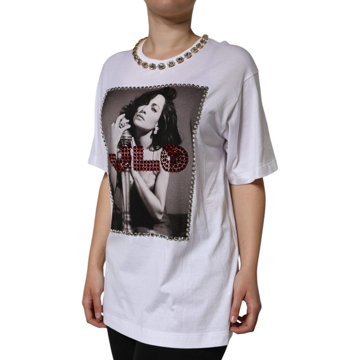 Dolce & Gabbana White Crystal Neckline Embellished Printed T-shirt Dolce & Gabbana