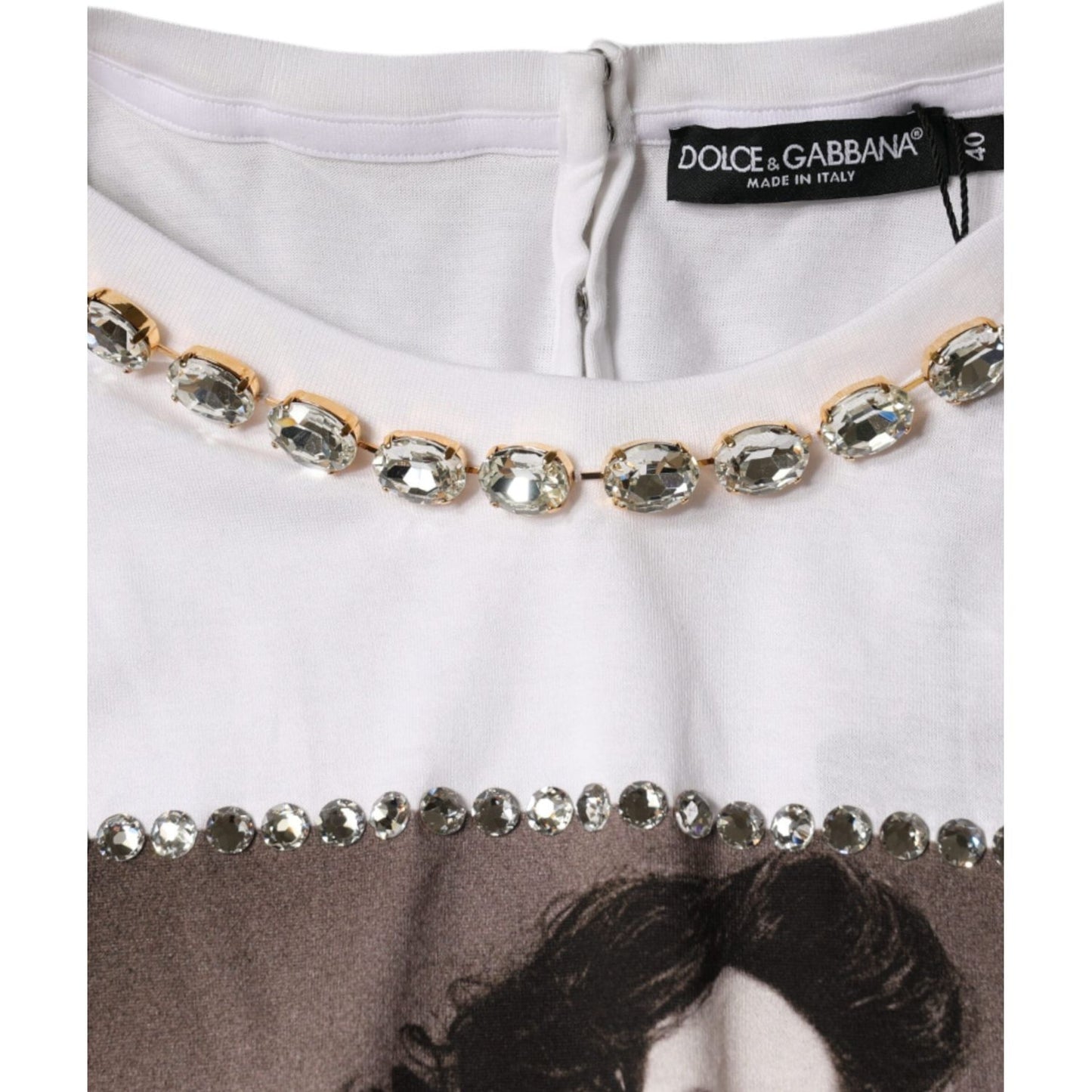 Dolce & Gabbana White Crystal Neckline Embellished Printed T-shirt Dolce & Gabbana