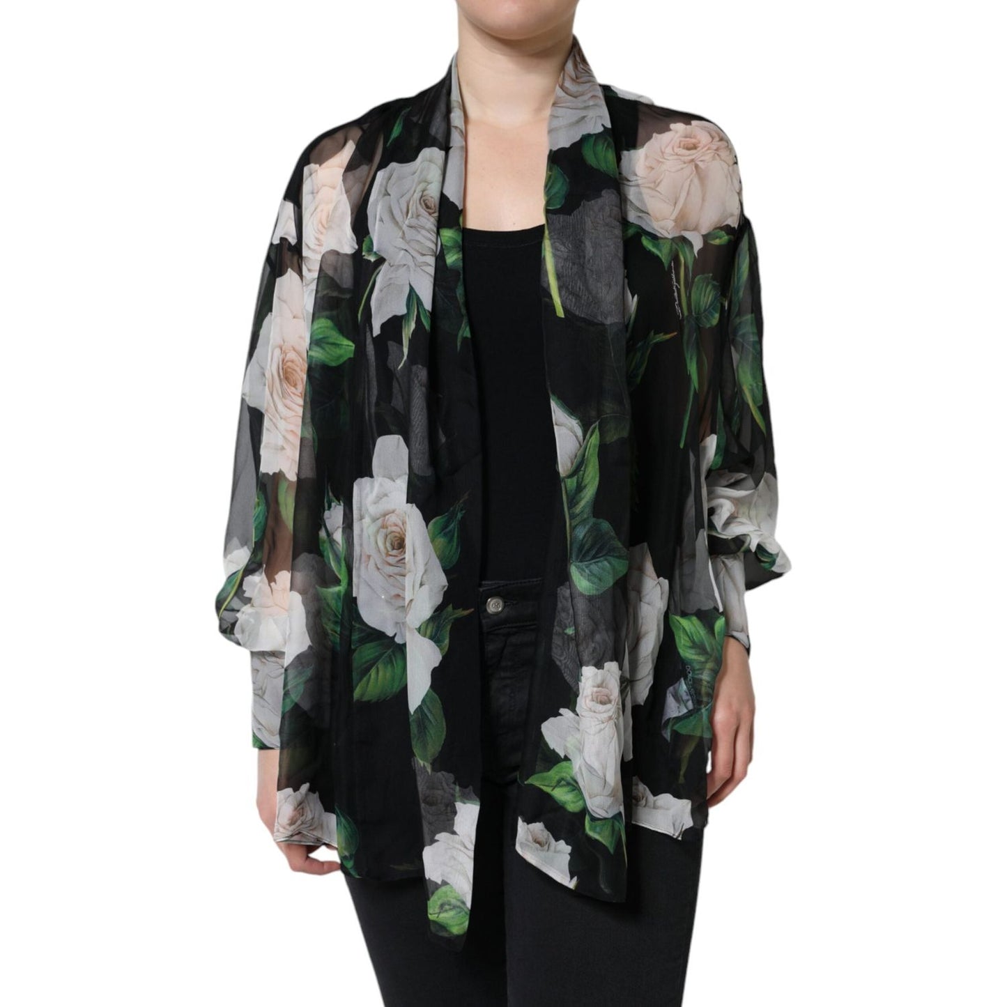 Dolce & Gabbana Black Floral Print Silk Cardigan Blouse Top Dolce & Gabbana