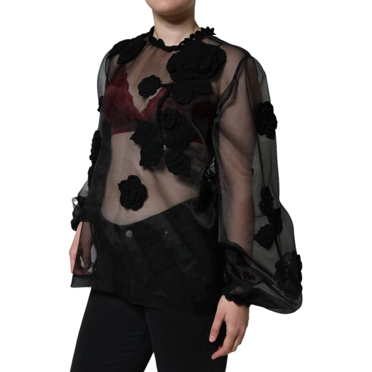 Dolce & Gabbana Black Nylon Mesh Transparent Floral Blouse Dolce & Gabbana