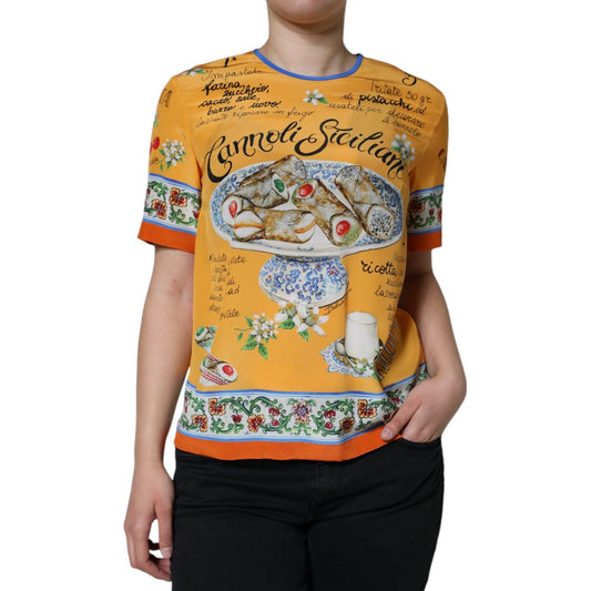 Dolce & Gabbana Orange Silk Cannoli Siciliana Print Short Sleeves Top Dolce & Gabbana