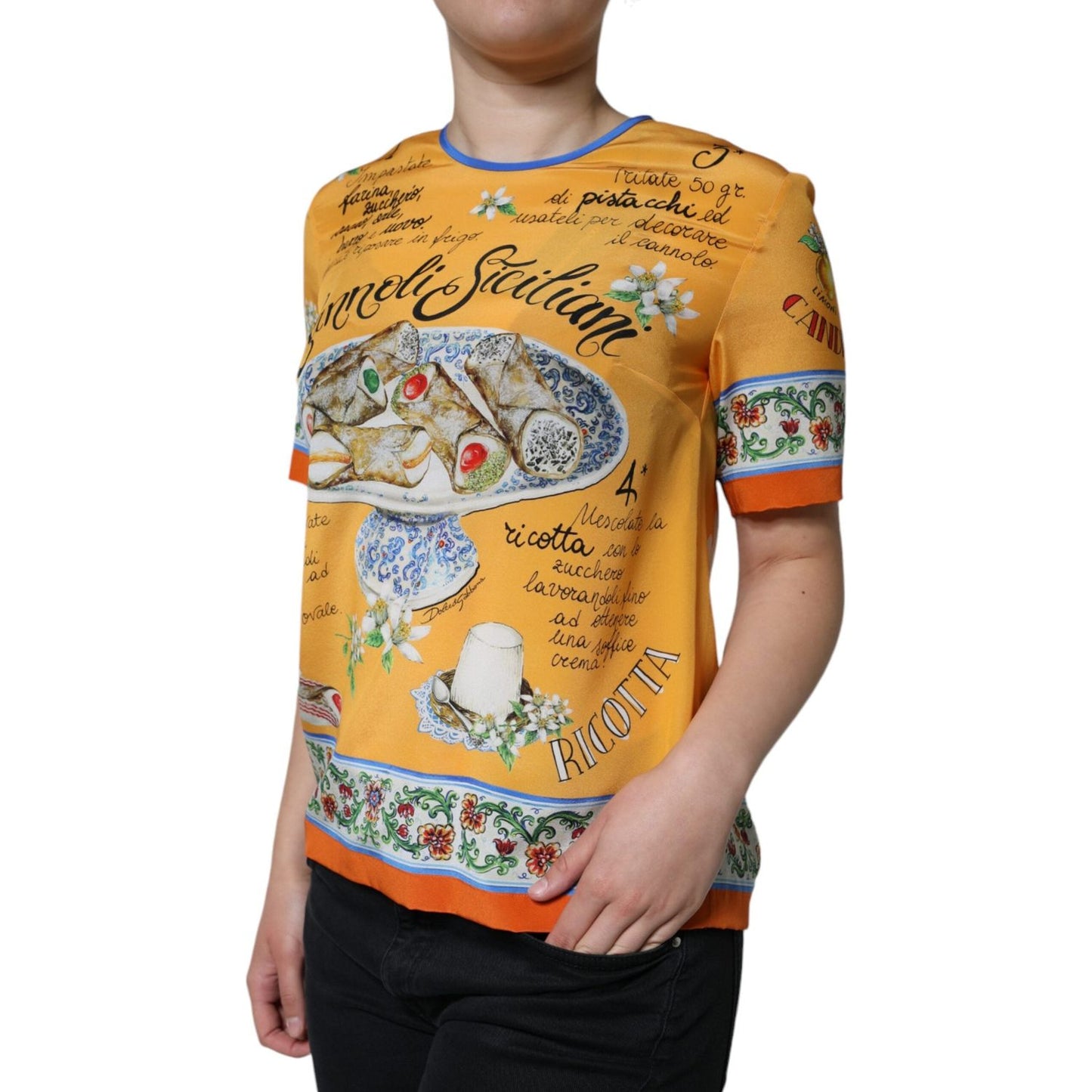 Dolce & Gabbana Orange Silk Cannoli Siciliana Print Short Sleeves Top Dolce & Gabbana