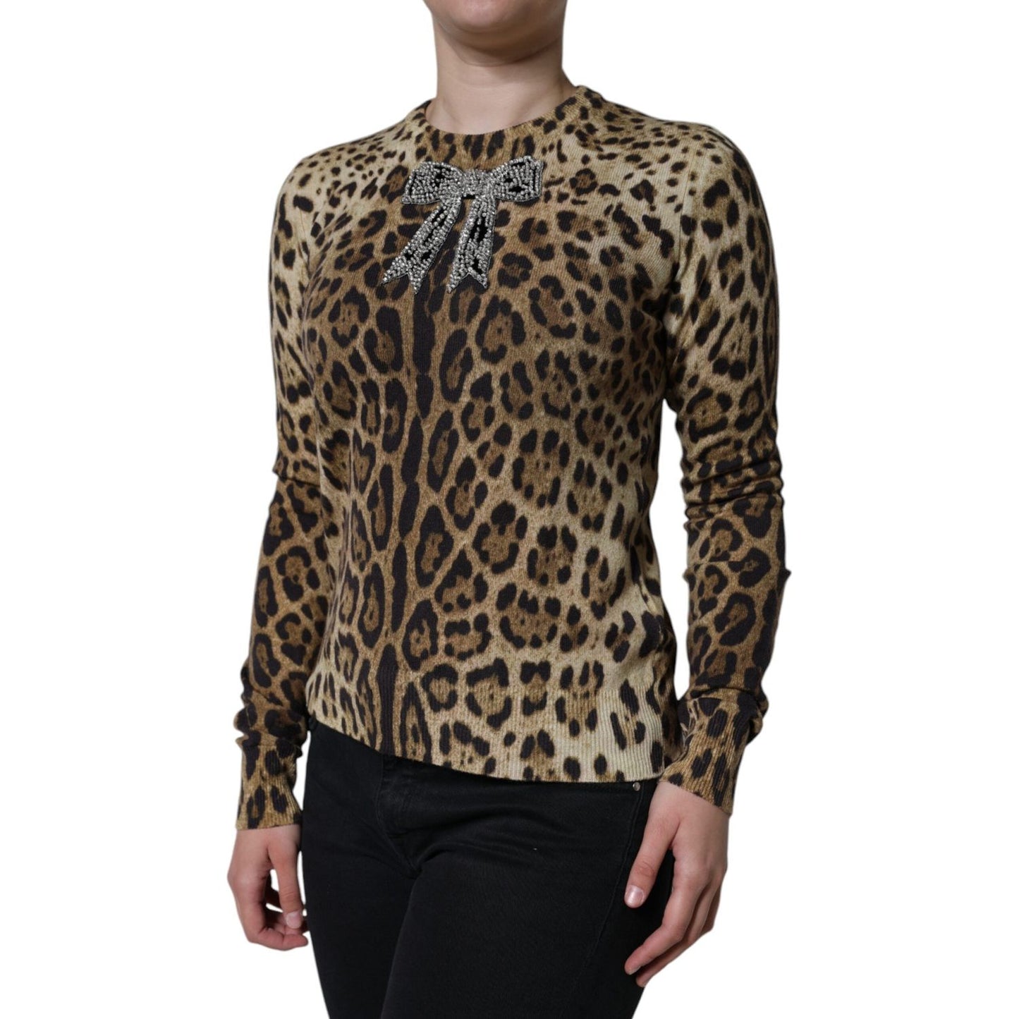 Dolce & Gabbana Brown Leopard Embellished Long Sleeve Sweater Dolce & Gabbana