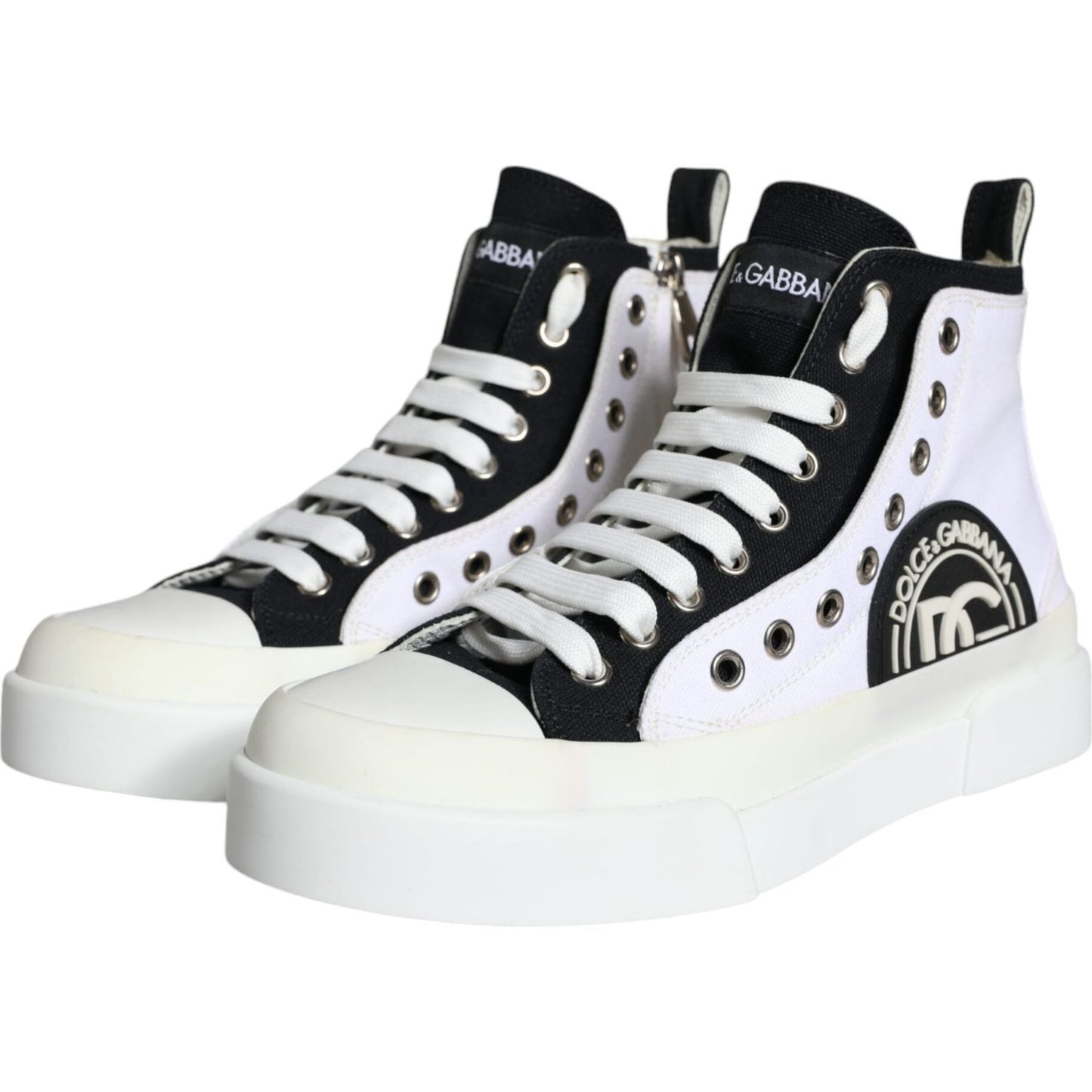 Dolce & Gabbana White Black Canvas Logo Mid Top Sneakers Shoes