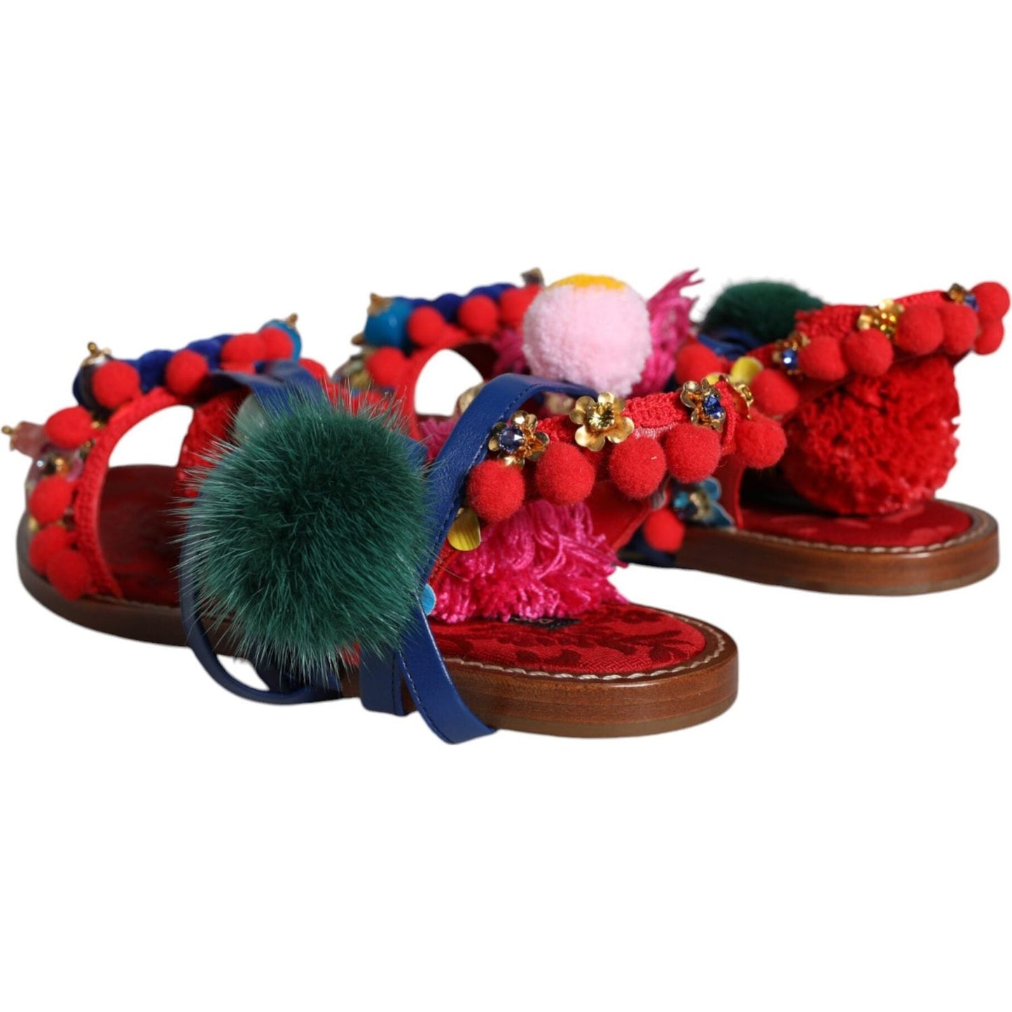 Dolce & Gabbana Multicolor Pom Pom Fur Wrap Sandals Shoes Dolce & Gabbana