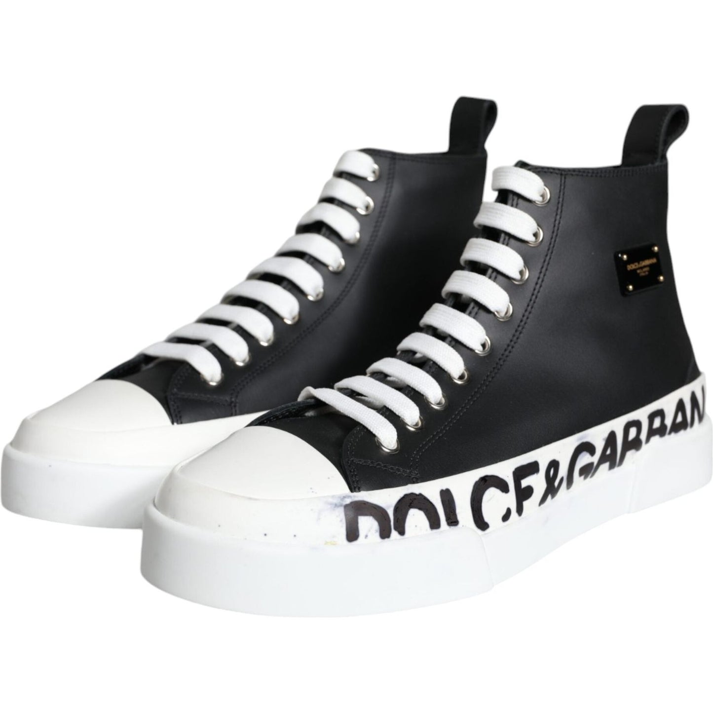 Dolce & Gabbana Black White Leather Mid Top Sneakers Shoes Dolce & Gabbana