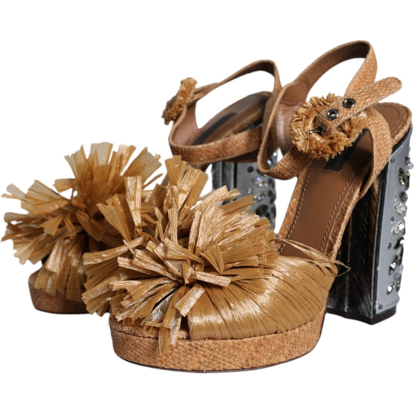 Dolce & Gabbana Brown Raffia Ankle Strap Crystal Sandals Shoes Dolce & Gabbana